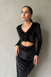 Siyah Gül Detaylı Kadife Elbise SY-1499-Siyah