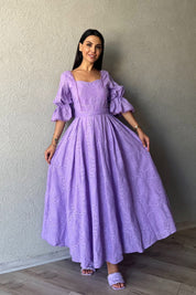 Mor Kolu Lastik Detaylı Güpür Detaylı Brode Elbise SY-2109-Mor