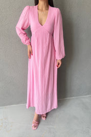 Pembe Gofre V Yaka Uzun Elbise SY-3031-Pembe