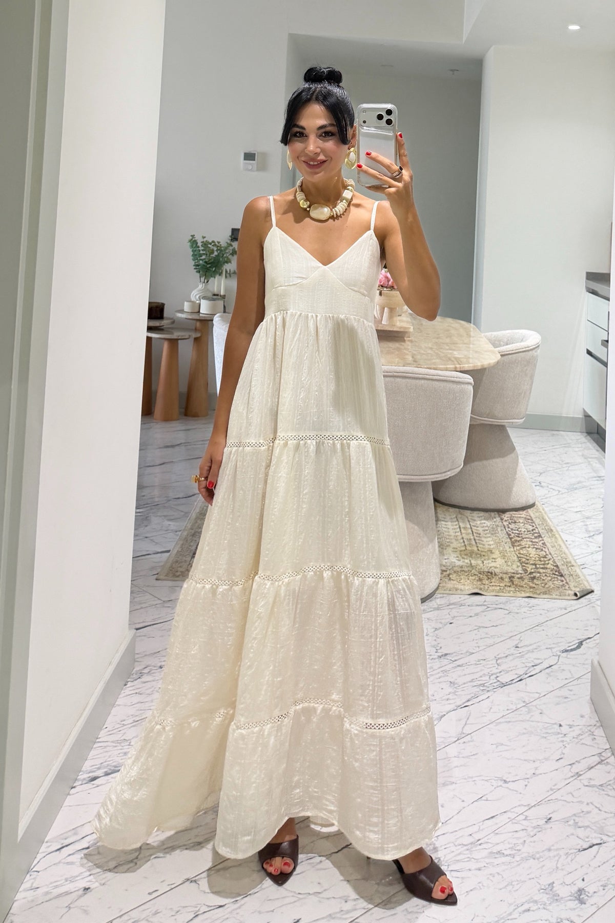 Lissa Ekru Askılı Kruvaze Elbise SY-3801-Ekru