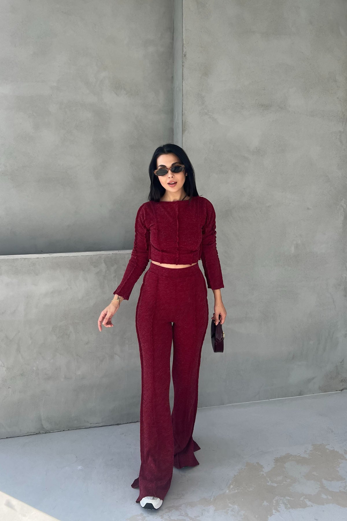 Bordo Ters Dikiş Detaylı Bluz Pantolon Triko Takım SY-2611-Bordo