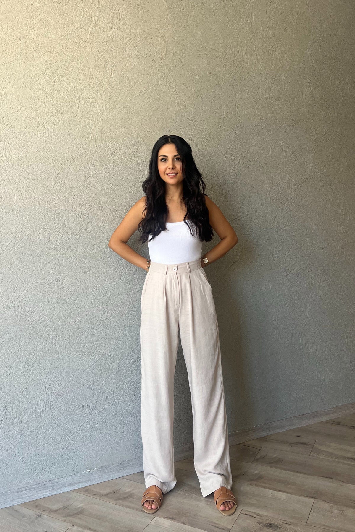 Bej Keten Palazzo Pantolon SY-2168-Bej