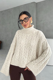 Ekru Saç Örgü Boğazlı Kazak SY-3461-Ekru