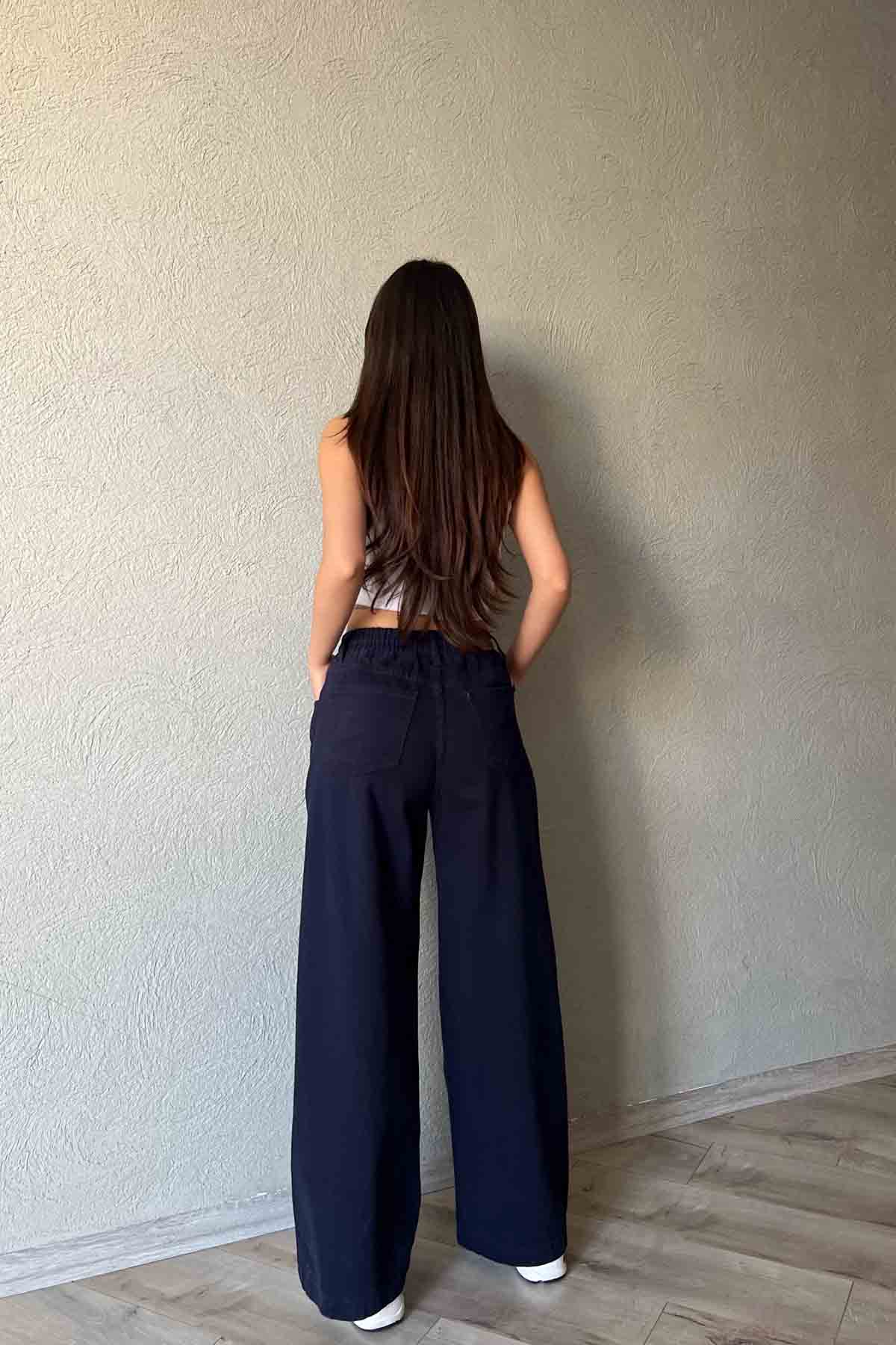 Lacivert Beli Lastik Detaylı Gabardin Bol Paça Pantolon SY-1916-Lacivert