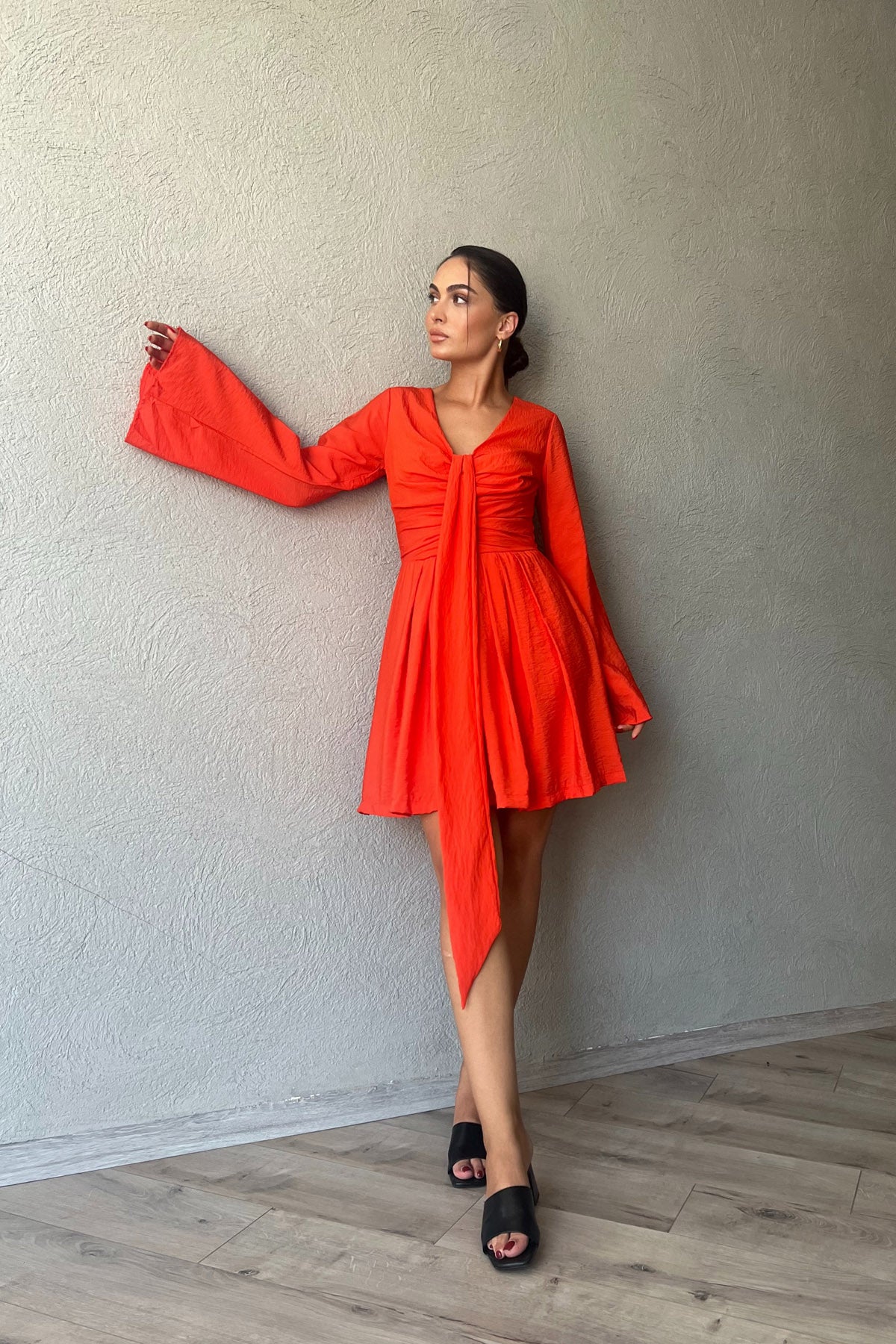 Mercan Mallorca Flare Kollu Yakası Detaylı Elbise SY-2374-Mercan