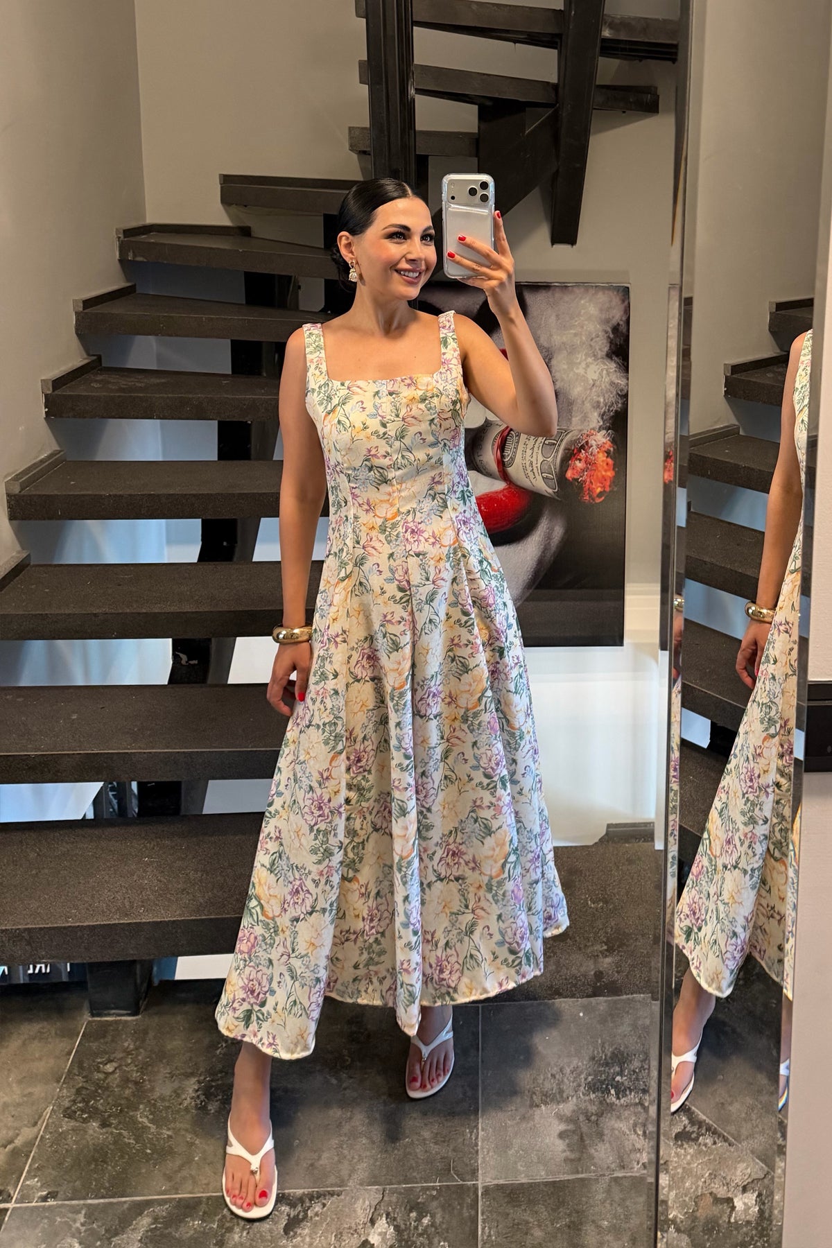Bej Çiçek Desen Askılı Keten Elbise SY-3723-Bej