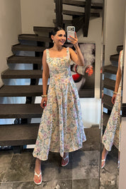Bej Çiçek Desen Askılı Keten Elbise SY-3723-Bej