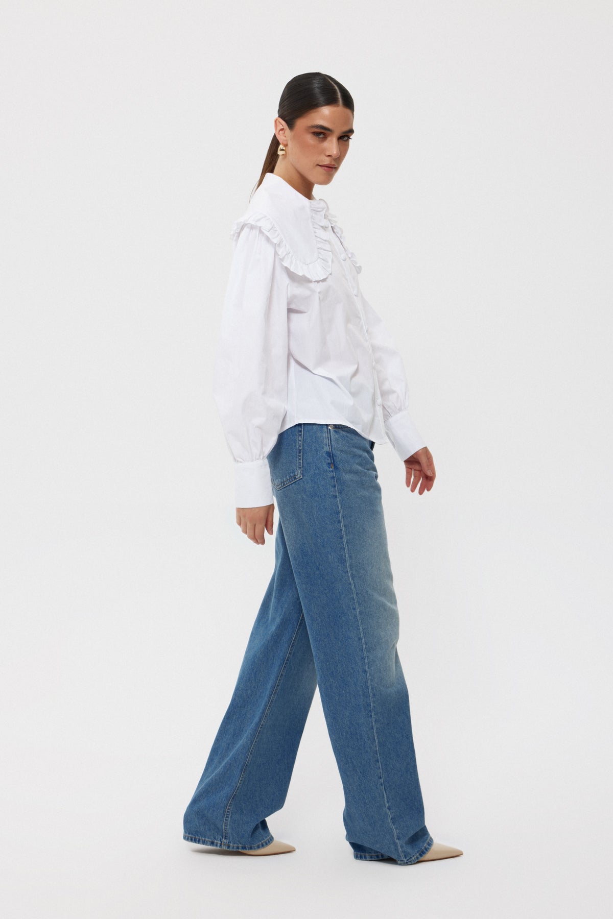 Beyaz Bebe Yaka Uzun Kollu Basic Gömlek SY-2535-Beyaz