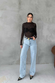 Slim Fit Uzun Kollu Dik Yaka Siyah Transparan Dantel Bluz SY-2995-Siyah