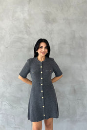 Antrasit Sahte Cep Detaylı Gold Düğmeli Triko Elbise SY-2534-Antrasit