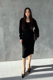 Siyah V Yaka Örgü Triko Elbise SY-2833-Siyah