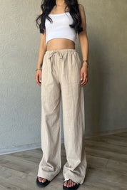 Bej Yama Cep Detaylı Bol Paça Keten Pantolon SY-2041-Bej