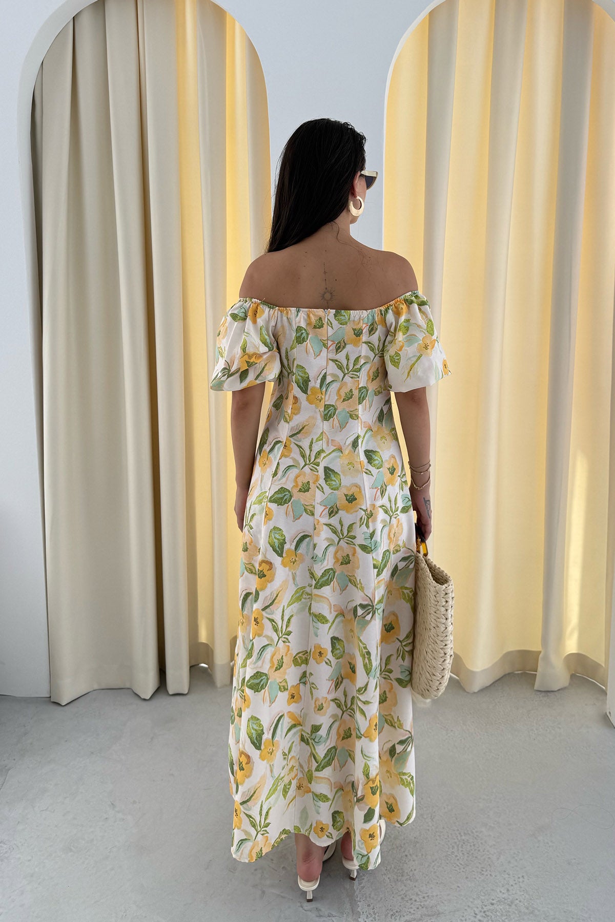 Çiçek Desenli Balon Kollu Keten Elbise SY-3309-Desenli