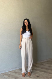 Bej Keten Palazzo Pantolon SY-2168-Bej