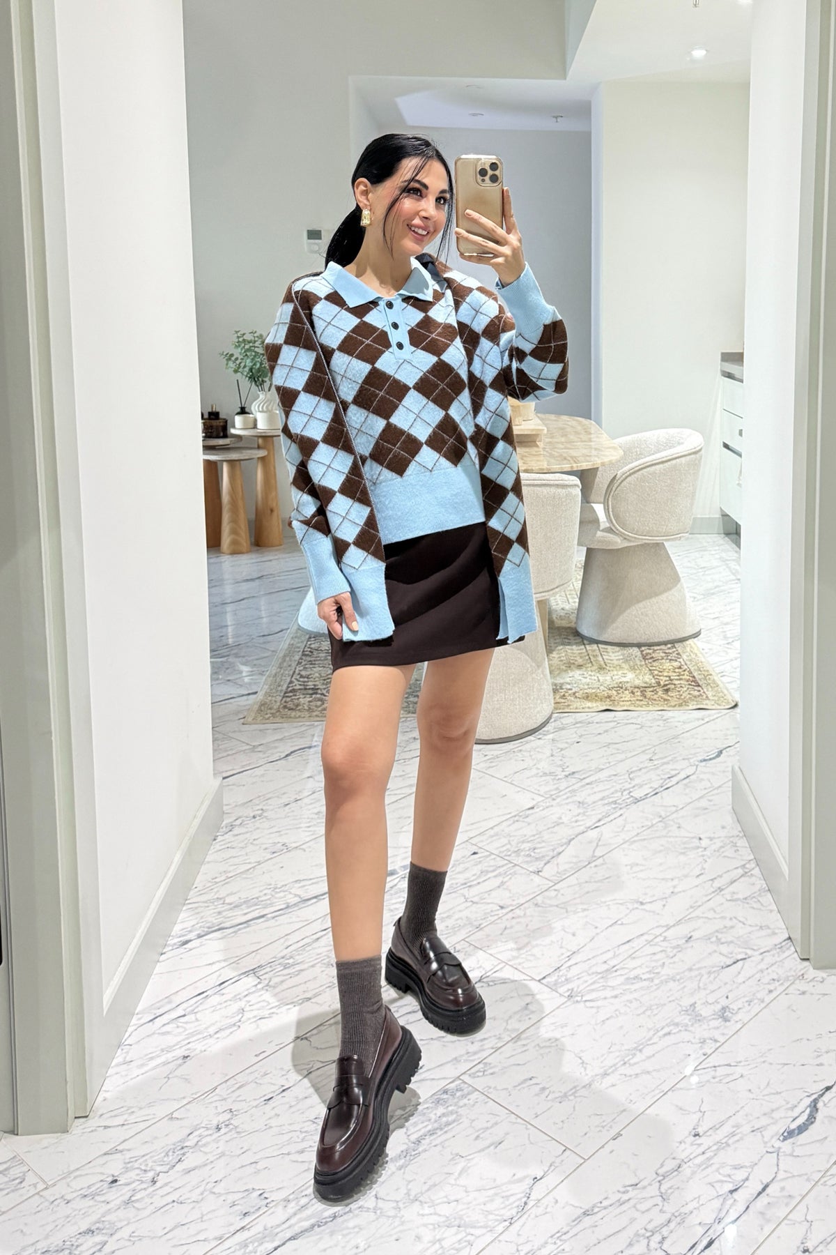 Kendinden Şallı Baklava Desenli Polo Yaka Triko SY-3563-Mavi