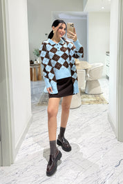 Kendinden Şallı Baklava Desenli Polo Yaka Triko SY-3563-Mavi