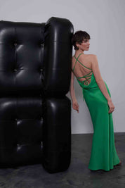 Yeşil Boyun Bağlamalı Saten Elbise SY-1794-Yeşil