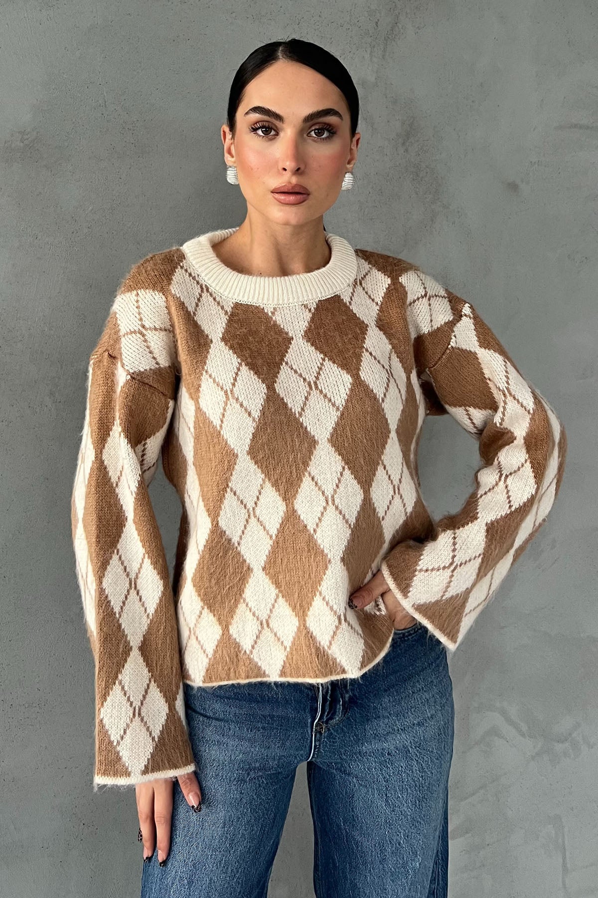 Camel Baklava Desen Kısa Triko Kazak SY-2793-Camel