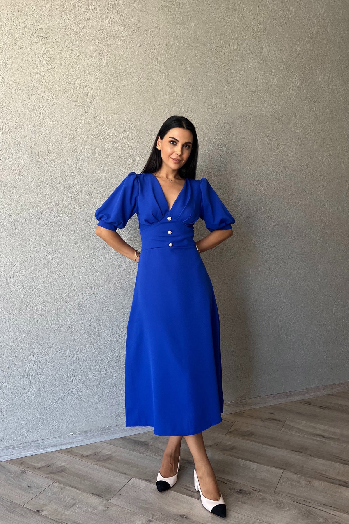 Saks Mavisi İnci Düğme Detay Elbise SY-0351-Saks Mavi