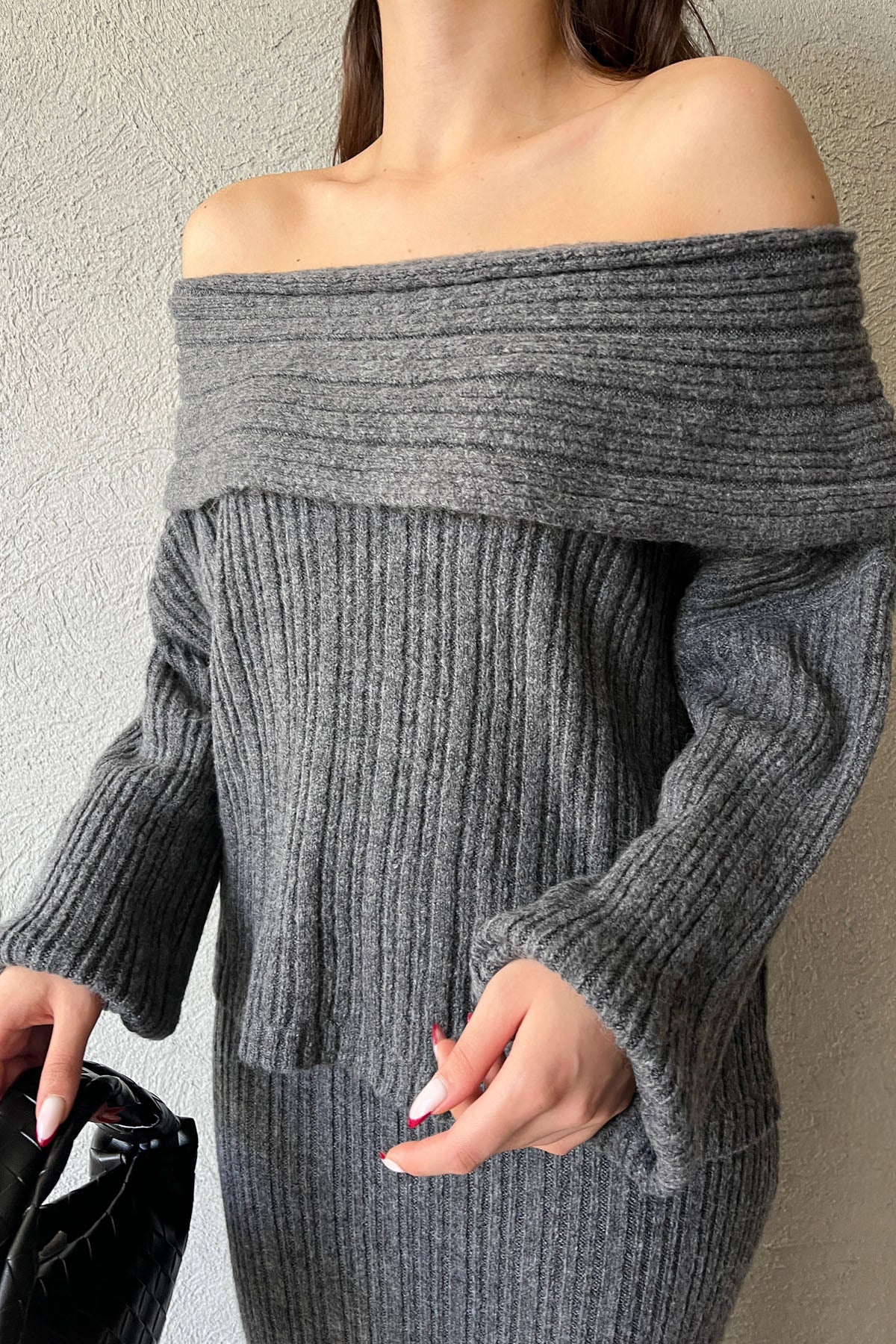 Antrasit Degaje Yaka Kazak ve Etek Triko Takım SY-1555-Antrasit