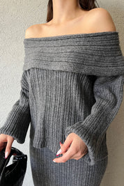 Antrasit Degaje Yaka Kazak ve Etek Triko Takım SY-1555-Antrasit