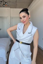 Ekru Keten Biyeli Yelek Ve Pantolon Takım SY-3021-Ekru