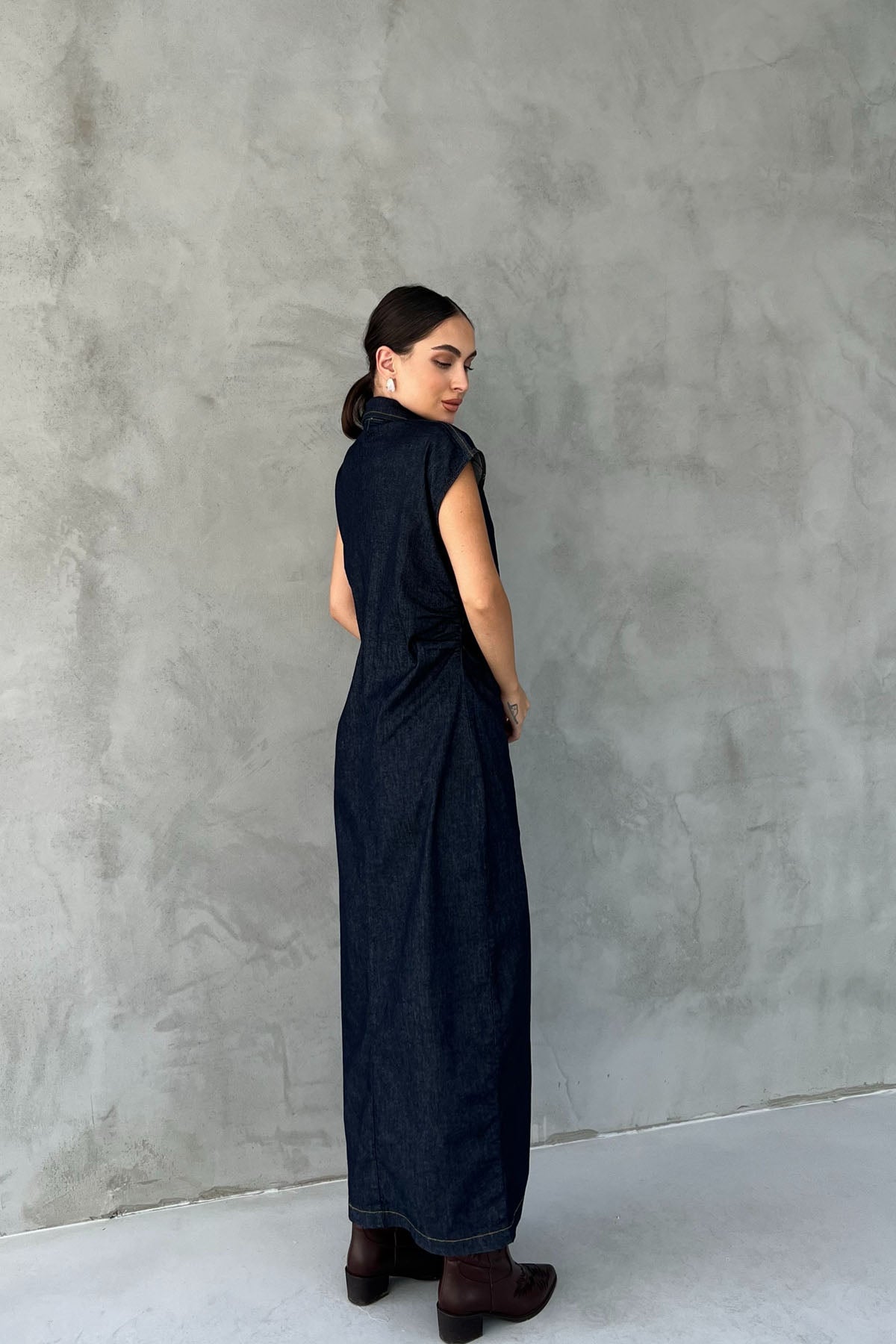 Koyu Lacivert Beli Büzgü Detaylı Düğmeli Denim Elbise SY-2493-Koyu Lacivert