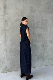 Koyu Lacivert Beli Büzgü Detaylı Düğmeli Denim Elbise SY-2493-Koyu Lacivert