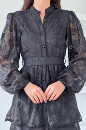 Siyah Valonlu Şerit Detaylı Kat Kat Elbise SY-1747-Siyah