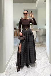 Ekose Desenli Yırtmaç Detaylı Acı Kahve Çizgili Kloş Etek SY-3494-Acı kahve