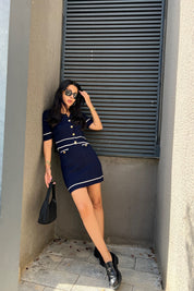 Lacivert Triko Gold Düğmeli T-shirt ve Mini Etek Takım SY-1125-Lacivert