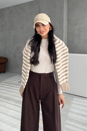 Kahve Pile Detaylı Bol Paça Pantolon SY-3447-Kahve