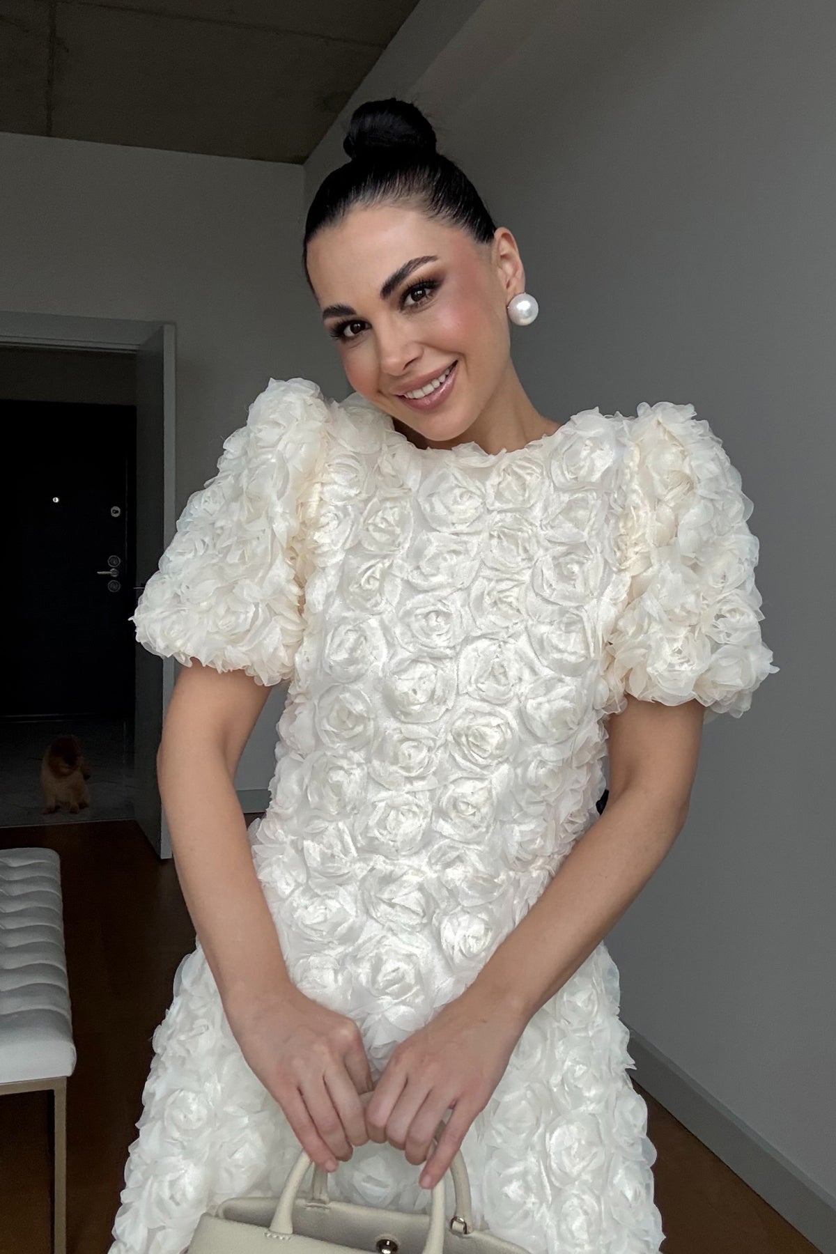 Gül Detaylı Krem Rosella Özel Tasarım Elbise SY-3519-Krem