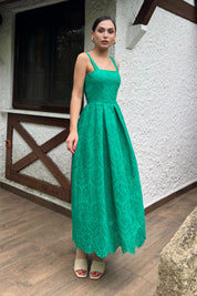 Yeşil Askı Aparat Detaylı Brode Elbise SY-2036-Yeşil