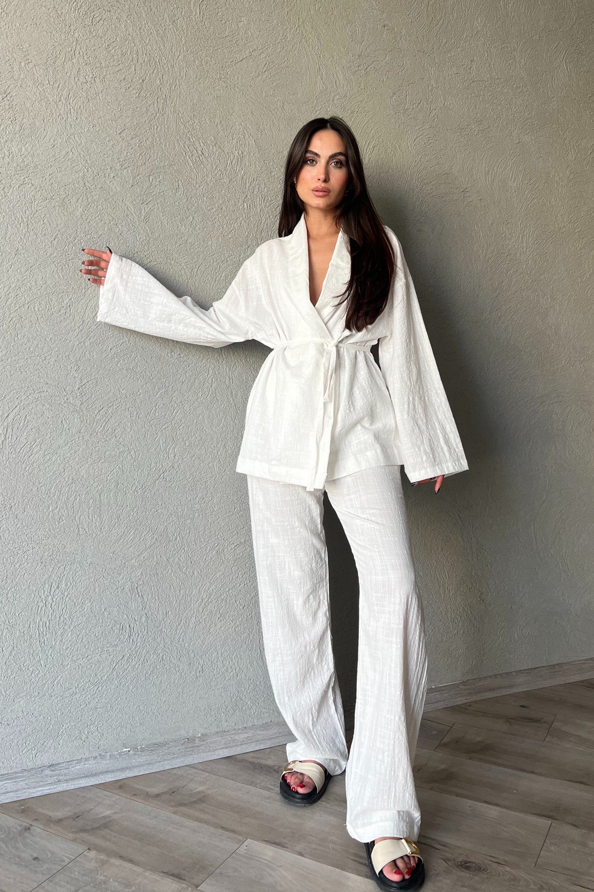Ekru Önü Bağlama Detaylı Kimono Pantolon Keten Takım SY-2047-Ekru