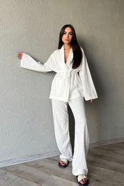 Ekru Önü Bağlama Detaylı Kimono Pantolon Keten Takım SY-2047-Ekru