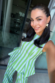 Yeşil Mavi Çizgili Peplum Bluz Pantolon Takım SY-3790-Yeşil