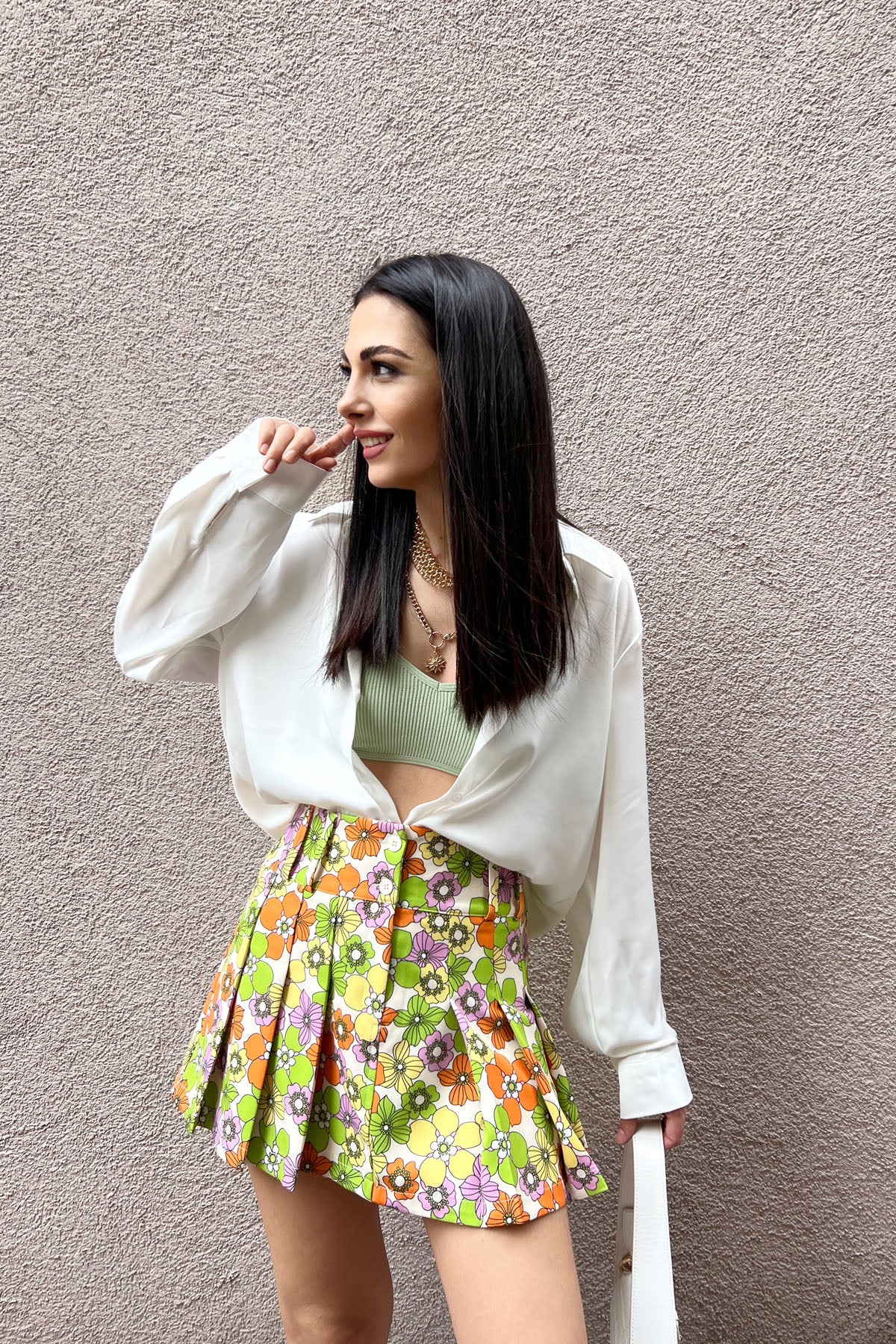 Renkli Çiçek Desenli Pileli Mini Etek SY-0332-Renkli