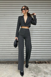 Antrasit Çizgili Tek Düğmeli Crop Ceket Pantolon Takım SY-0051-Antrasit