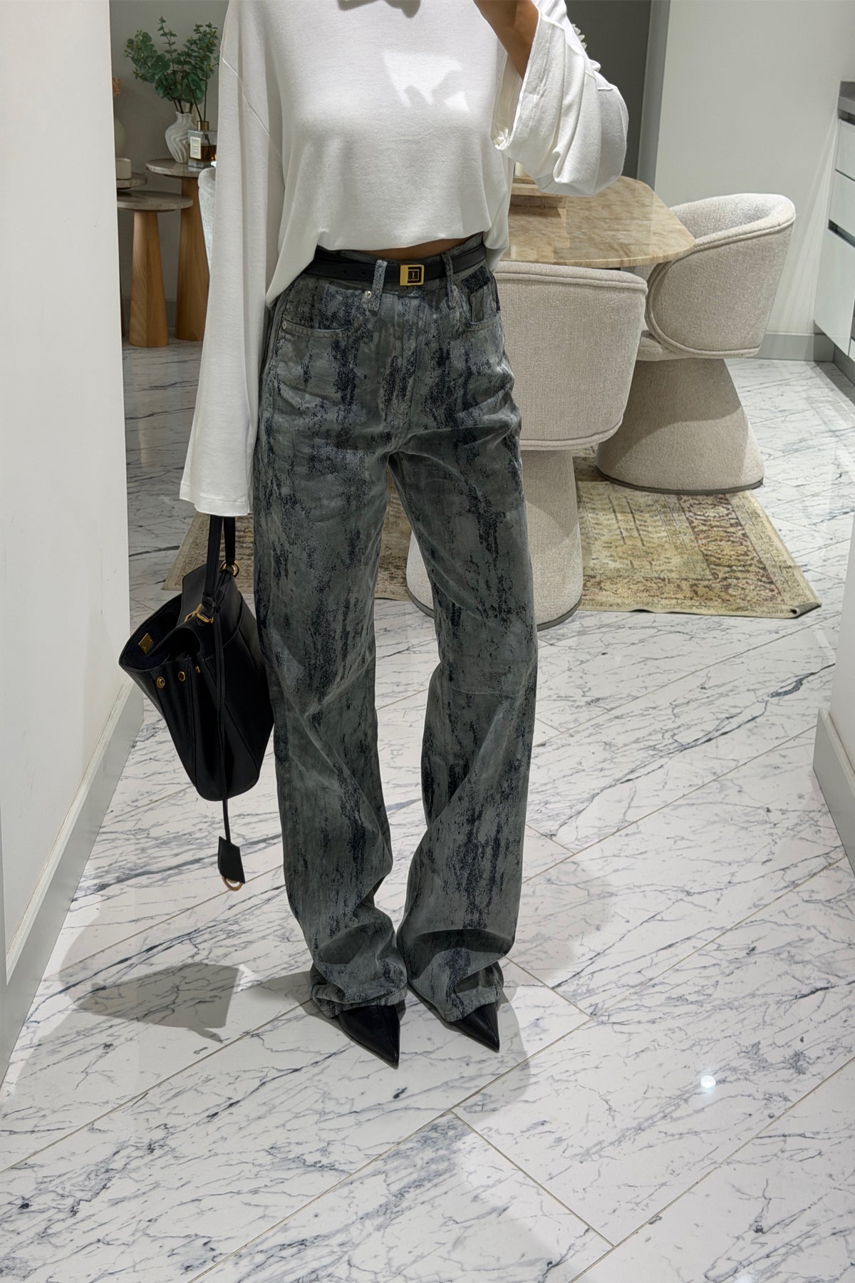 Gri Varak Desenli Kadife Jean SY-3894-Gri