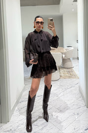 Eteği Kadife Astarlı Tasarım Tül Mini Elbise SY-3526-Kahverengi