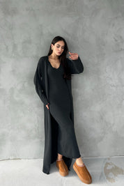 Antrasit V Yaka Uzun Elbise Hırka Triko Takım SY-2716-Antrasit