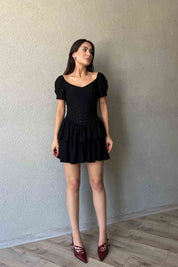 Siyah Dantel Detaylı Vintage Mini Elbise SY-2113-Siyah