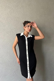 Siyah Garni Yaka Vatka Detaylı Elbise SY-1950-Siyah