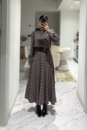 Gömlek Yaka Beli Kemerli Kahve Ekoseli Elbise SY-3611-Kahverengi