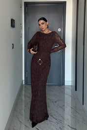 Kahve Toka Detaylı Dantel Uzun Elbise SY-3547-Kahverengi