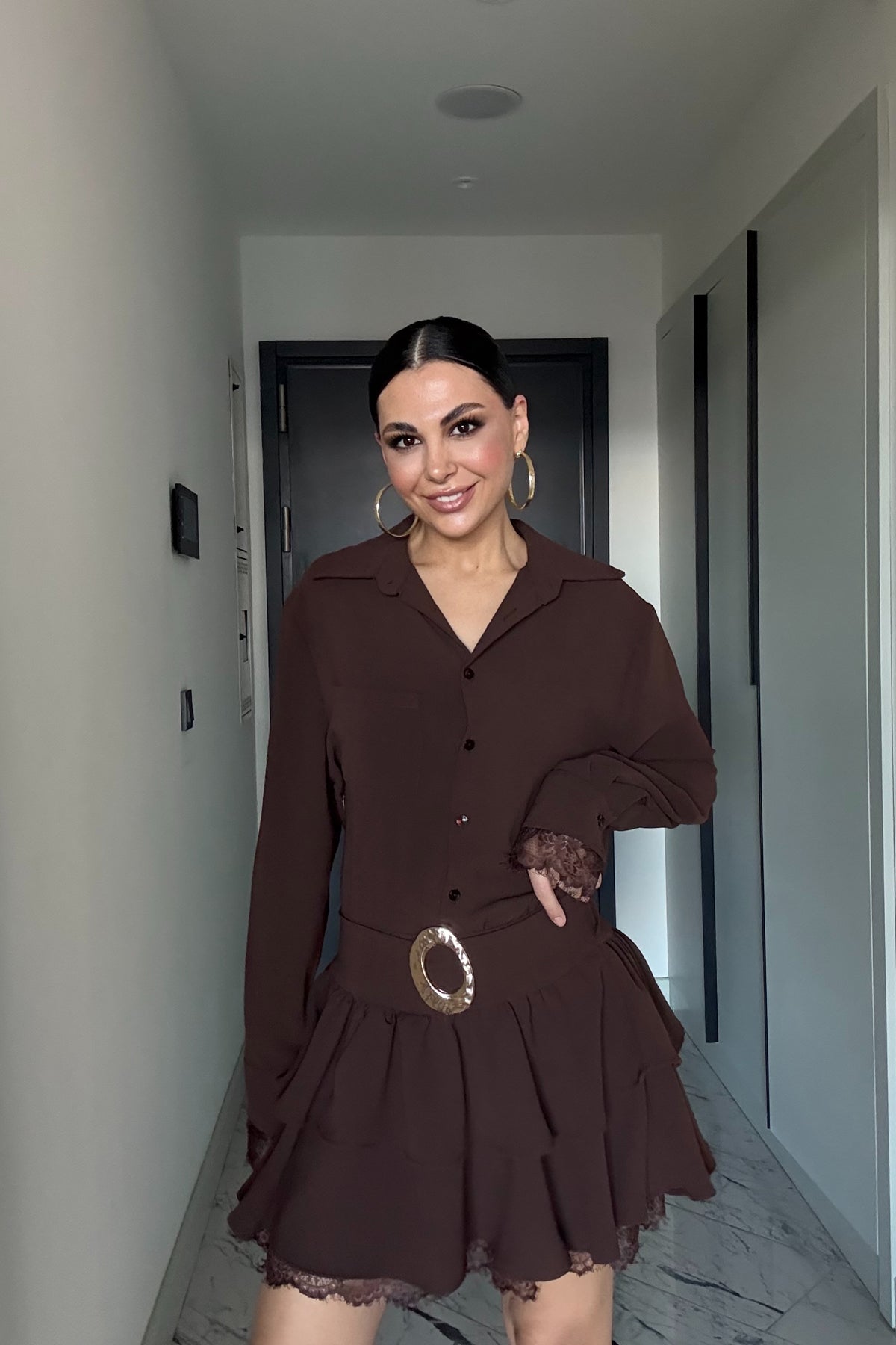 Dantel Detaylı Kemerli Kahve Mini Elbise SY-3490-Kahverengi