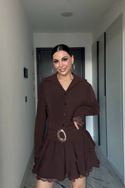 Dantel Detaylı Kemerli Kahve Mini Elbise SY-3490-Kahverengi