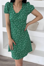 Yeşil Bağlama Detay Çiçekli Çıtır Elbise SY-0489-Yeşil