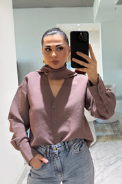 Kahve Şal Detaylı Çizgili Gömlek SY-3622-Kahve